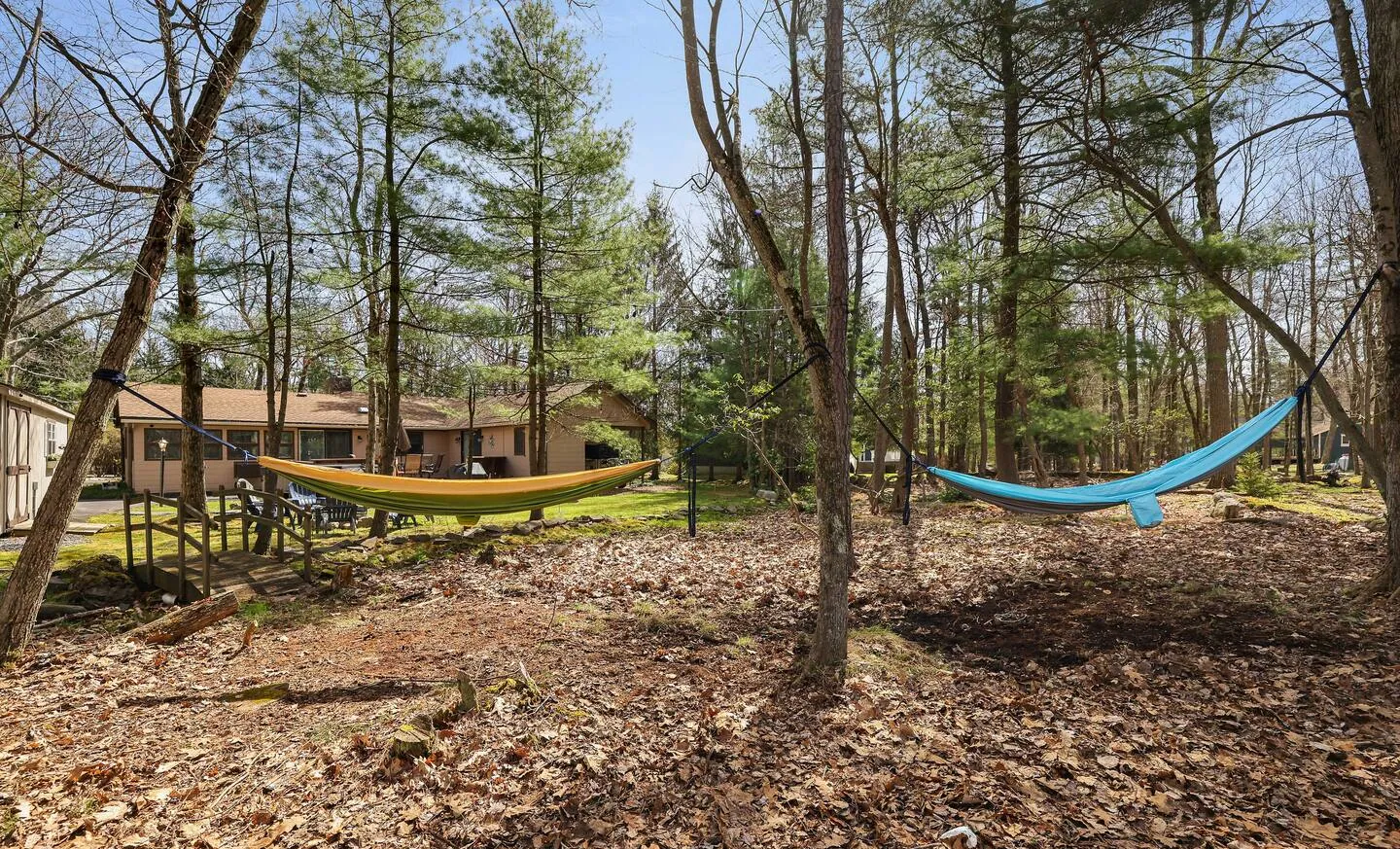 Two hammocks strung between trees in the backyard at Relax in Style, Lake Harmony, PA