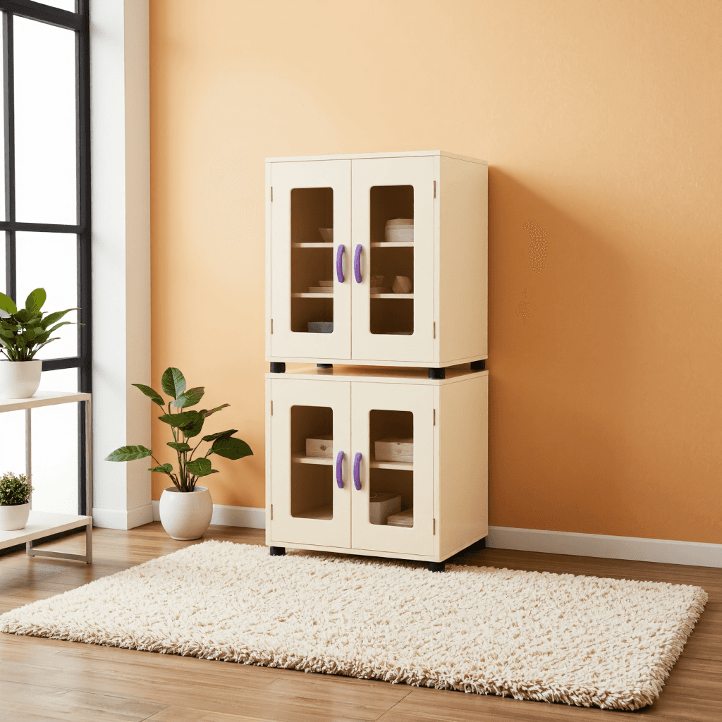 product photography of a stackable storage cabinet with transparent brown doors
