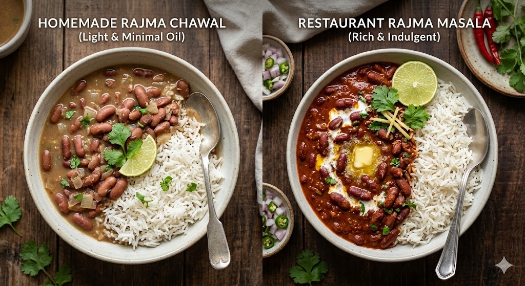 A split image comparison showing homemade rajma chawal (light, low-calorie version on the left) and restaurant-style rajma masala (rich, higher-calorie version on the right) served in bowls with rice, garnished with coriander and lime, on a wooden background.