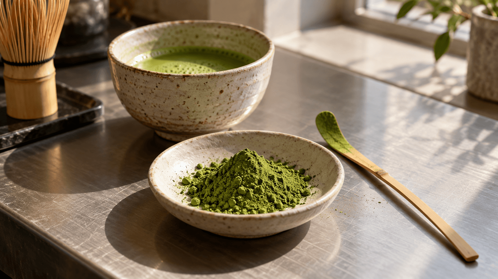 Fijn groen matchapoeder in een schaaltje met een bamboeschep en een kom matcha.