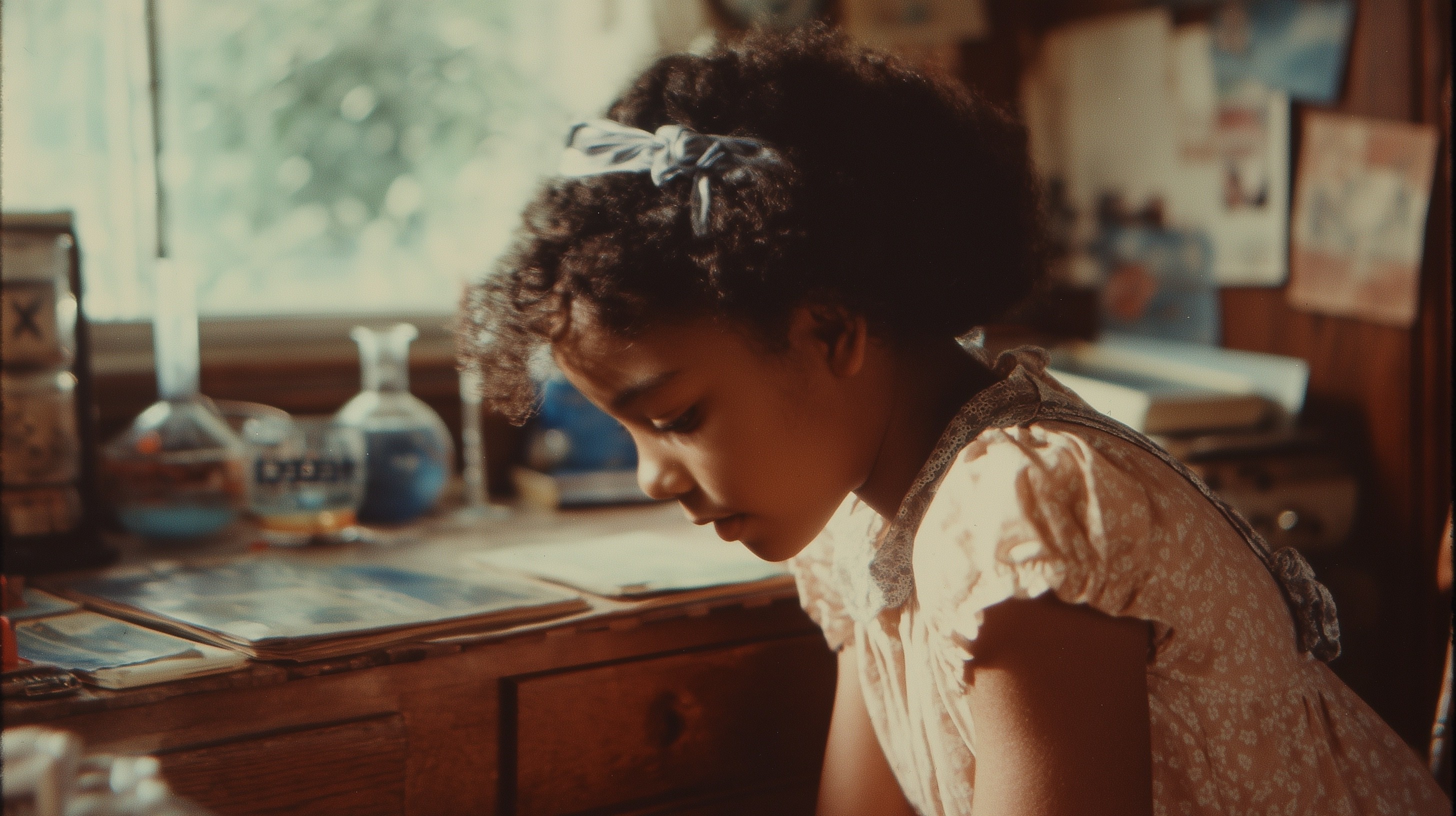 Young girl studying at a wooden desk in a softly lit room, surrounded by books and science beakers, capturing a warm and nostalgic learning environment.