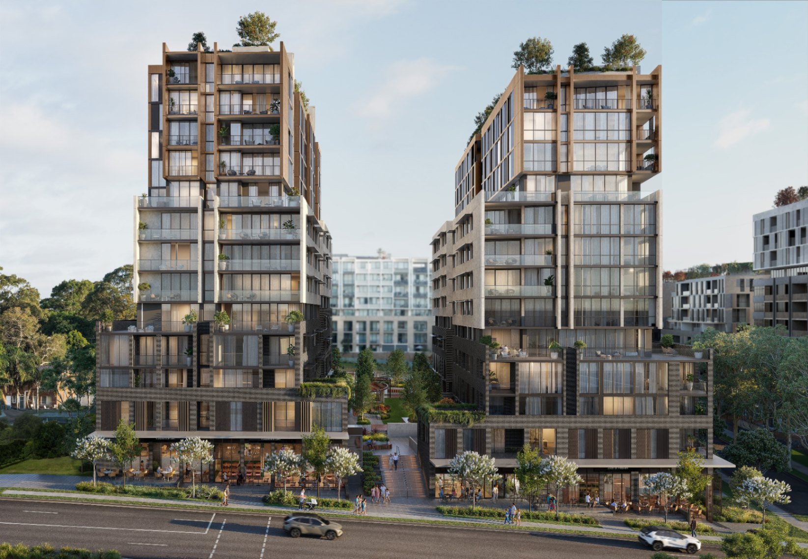 Modern apartment buildings at Lily Lane Castle Hill with landscaped courtyard and retail spaces, off the plan Sydney apartments secure with $10K via Coposit