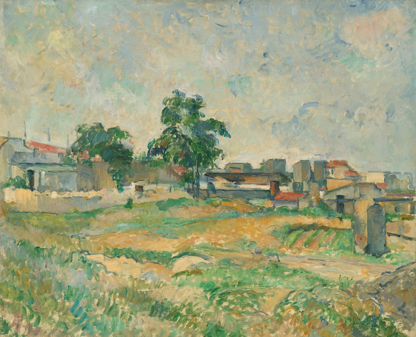 Painting of houses, trees, and fields in a rural landscape.