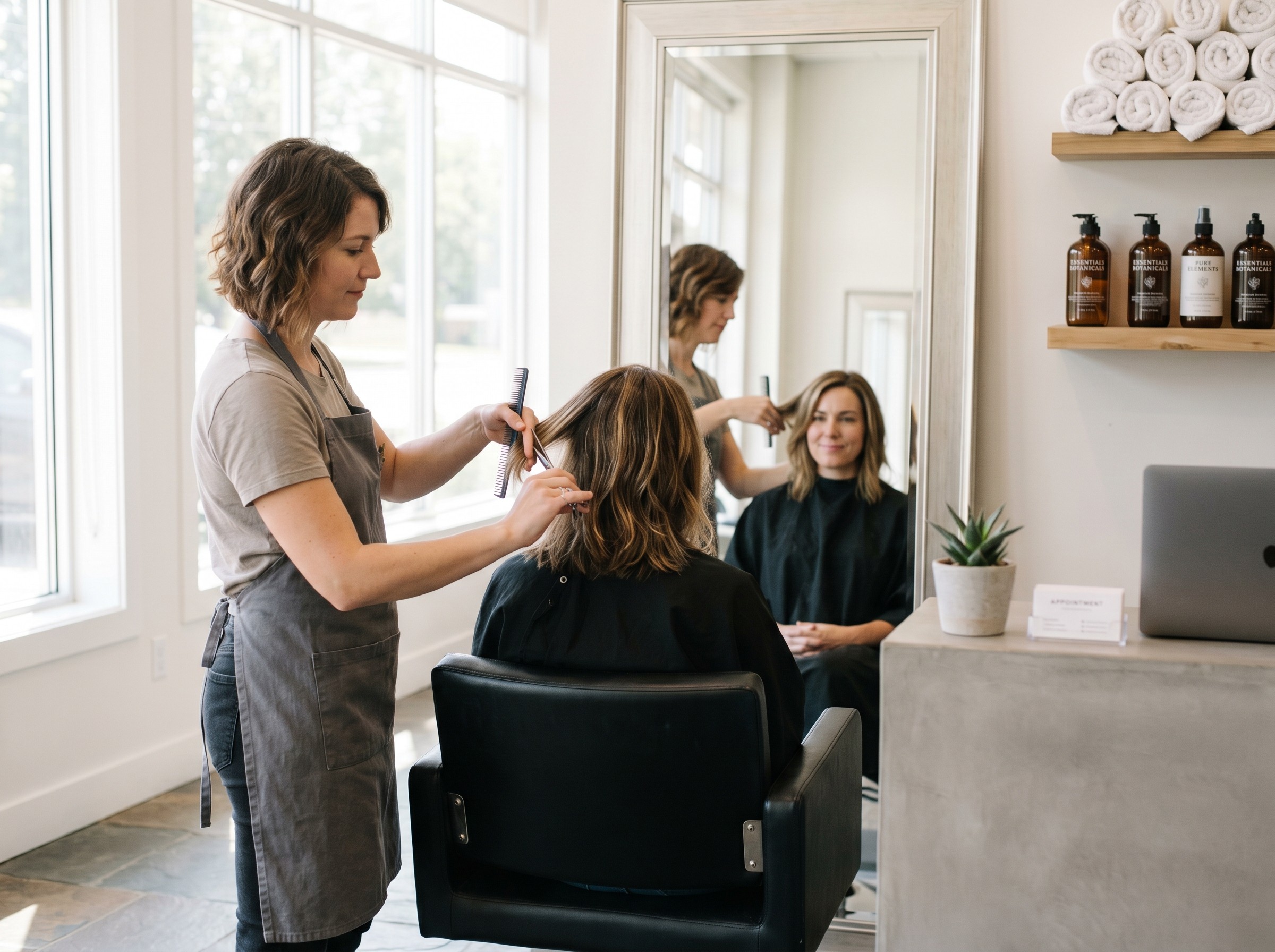 Un styliste se concentre pleinement sur la coupe de cheveux, tandis que l'espace de réception reste calme et ordonné. Une cliente sourit avec satisfaction dans le miroir, des serviettes fraîches sont à portée de main. La scène respire la concentration et la sérénité, comme si toutes les tâches d'organisation s'effectuaient de manière invisible en arrière-plan grâce à anny.