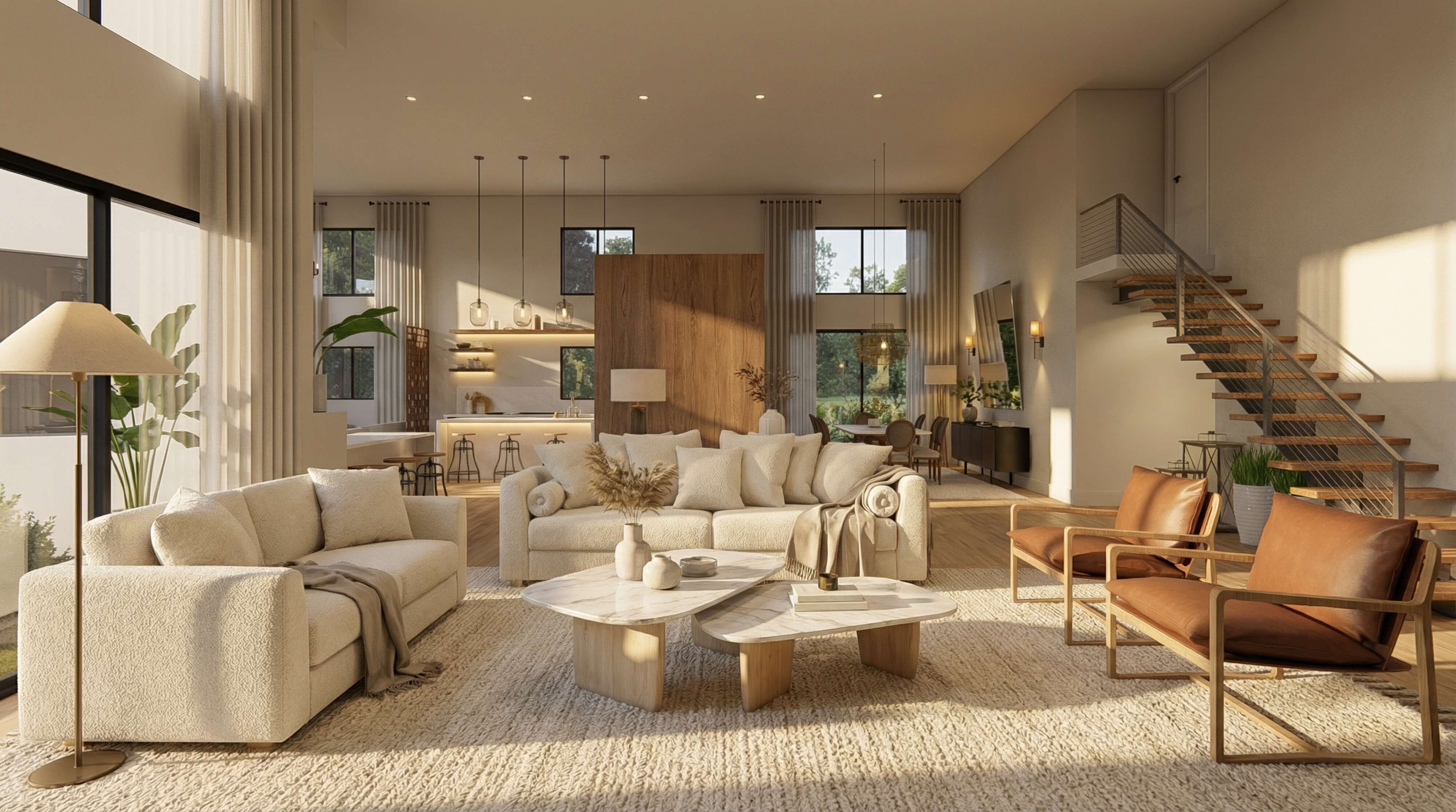 Open-concept living room with neutral furnishings, warm sunlight, and modern wood accents.
