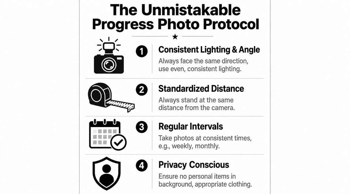 An infographic outlining four essential tips for taking effective and consistent physical progress photos for fitness tracking.