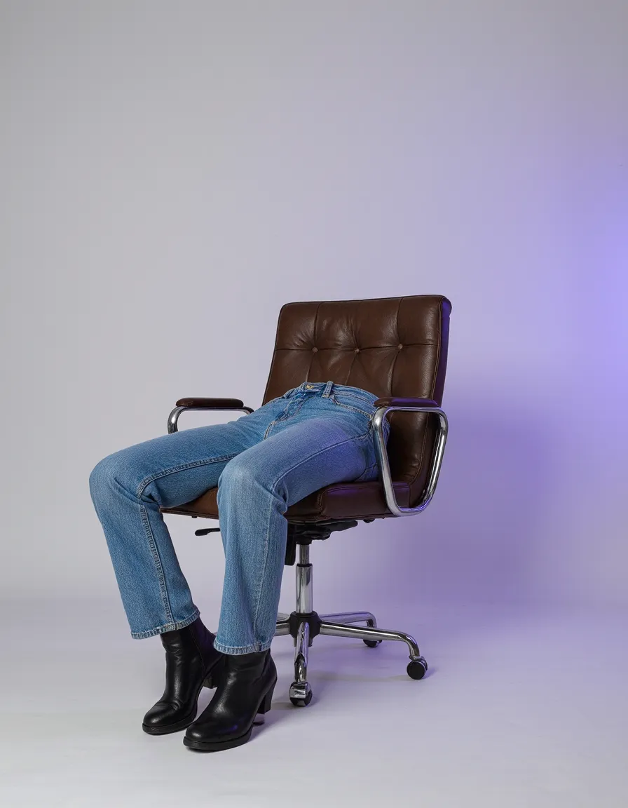 Brown leather office chair with blue jeans and black boots positioned as if someone invisible is sitting, against purple-gradient backdrop.