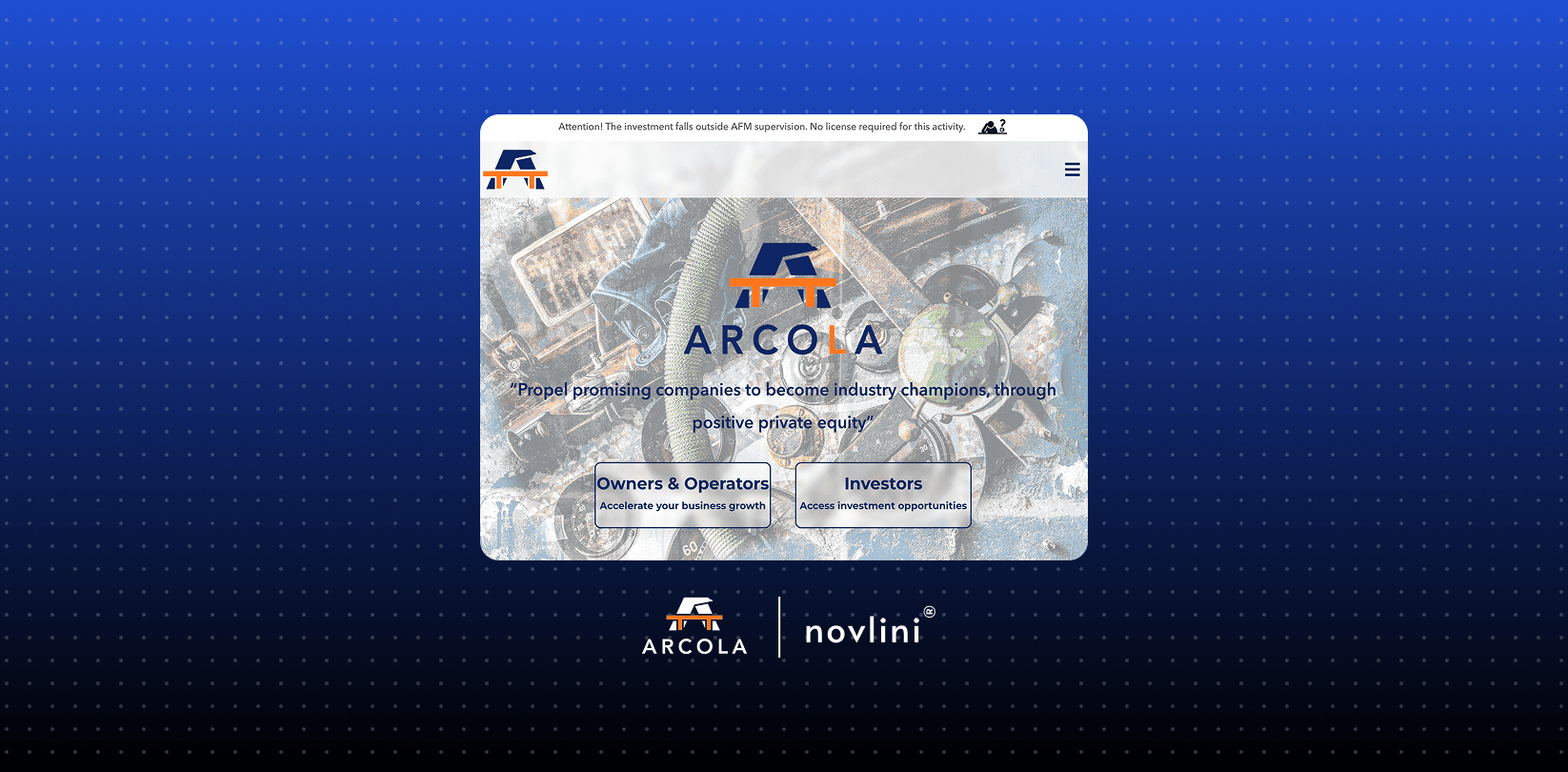 Mockup of the Arcola website homepage displayed on a dark blue dotted background, showing the Arcola logo, tagline, and buttons for owners, operators, and investors.