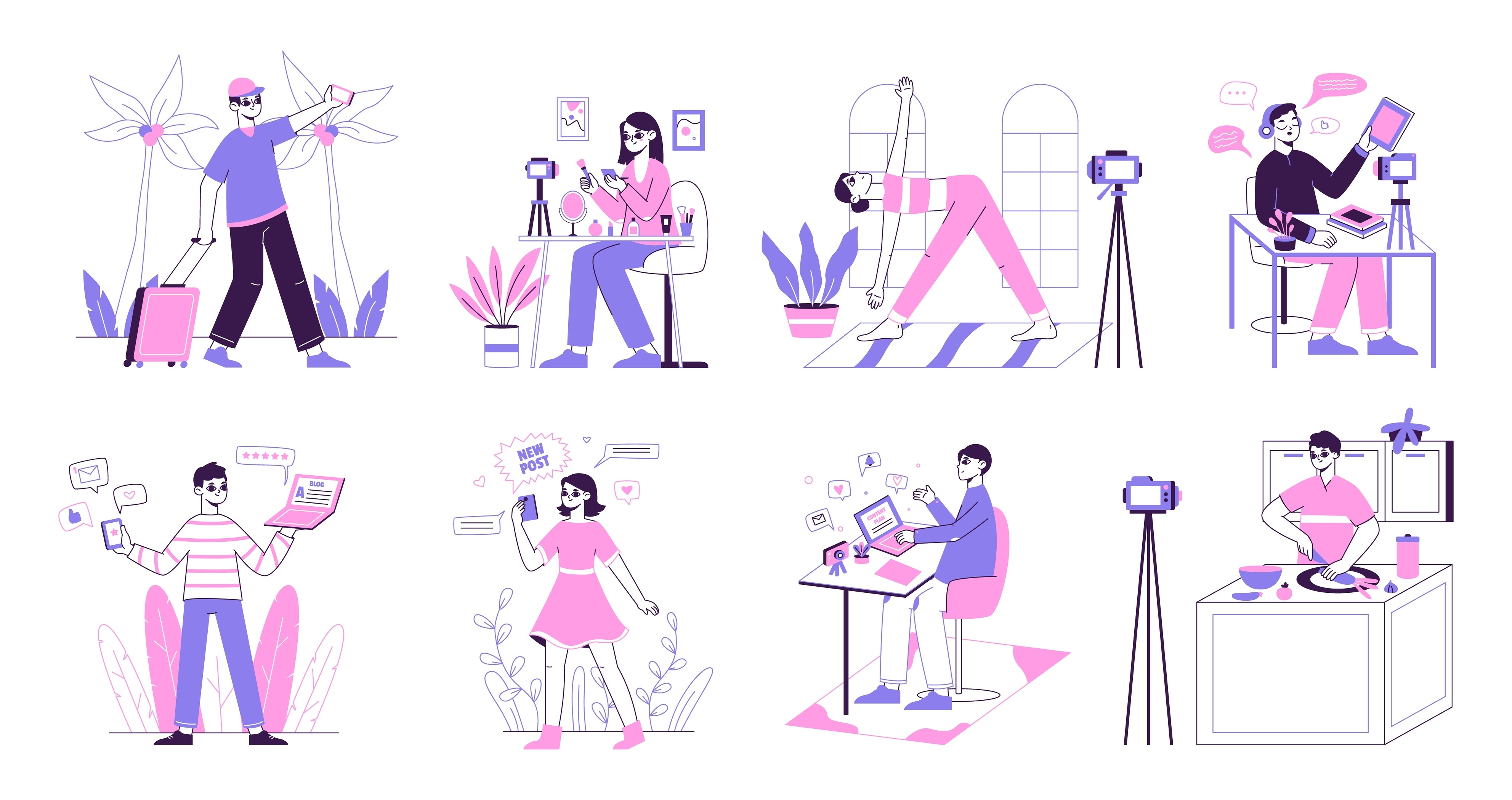 Illustration grid of diverse content creators filming travel, beauty, fitness, tech, lifestyle, and food content across social media platforms