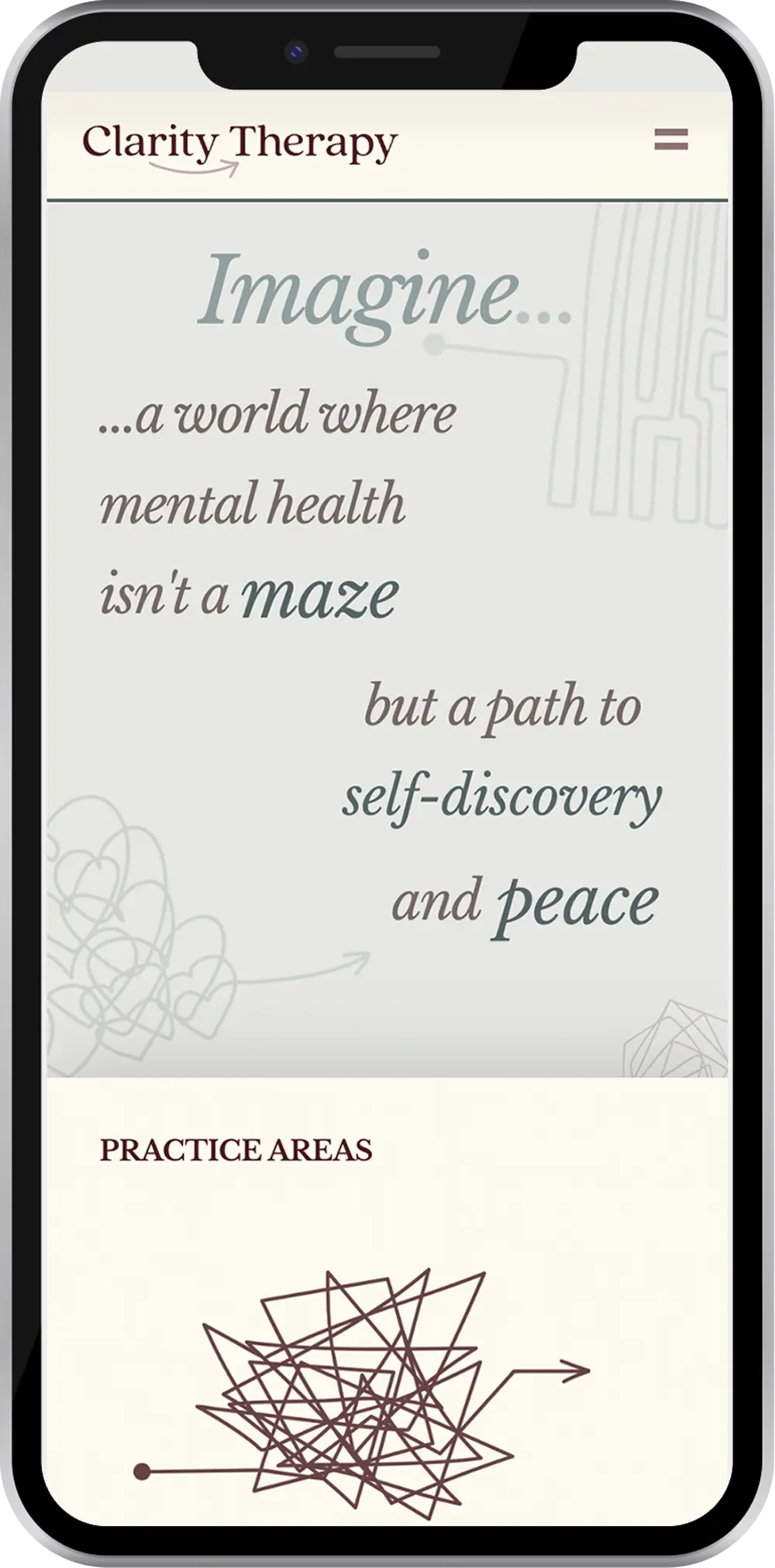 Mobile display of Clarity Therapy site emphasizing mental health journey toward self-discovery and peace.