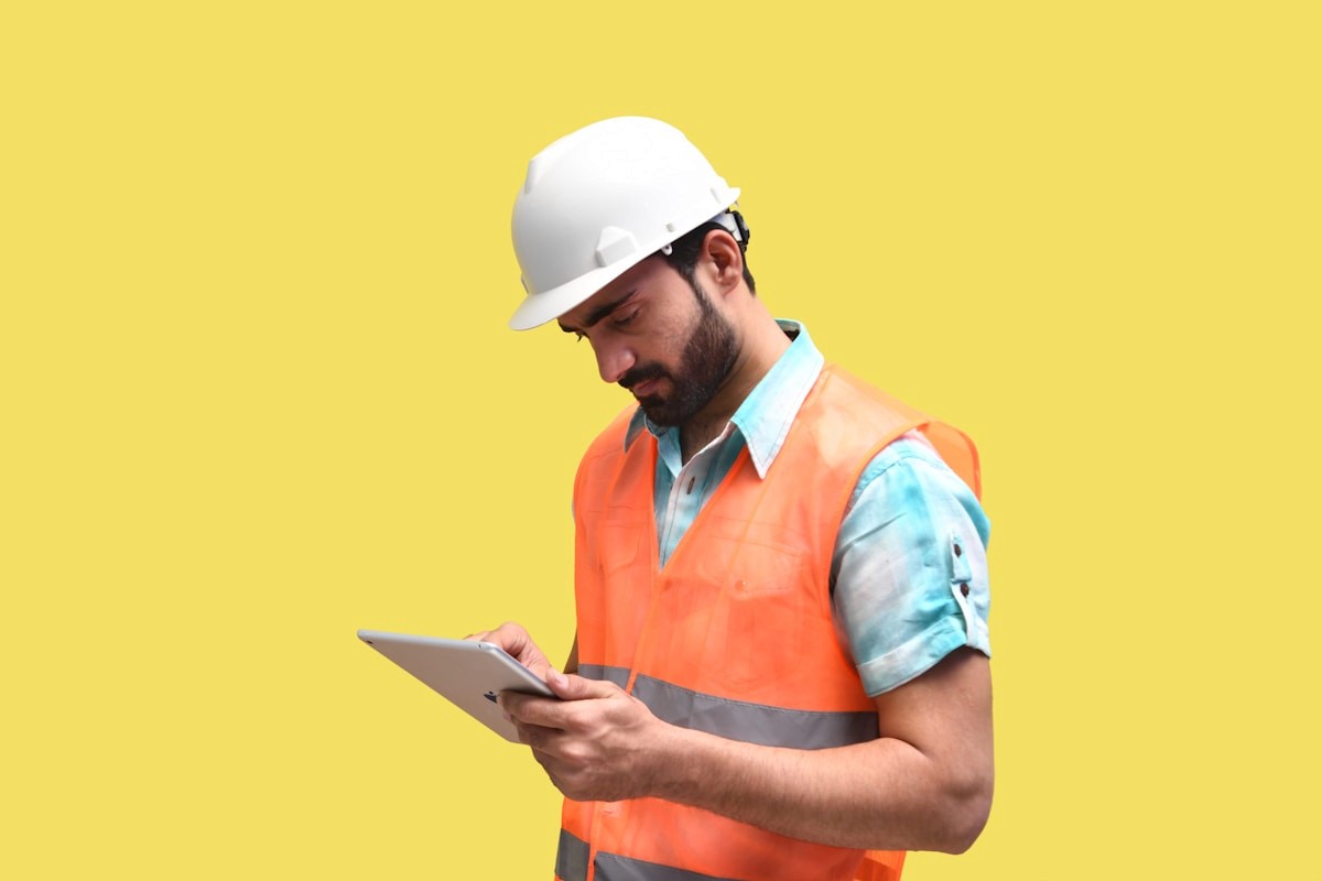 Factory worker in a hard hat checking records on a tablet