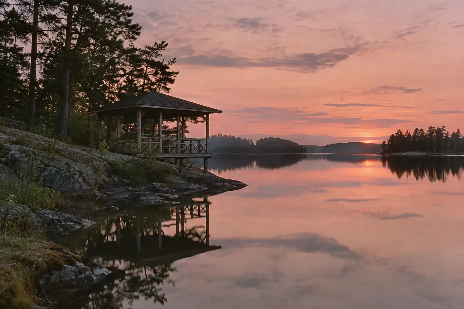 A wooden pavilion by a mirror-calm lake under a pink midnight sky.