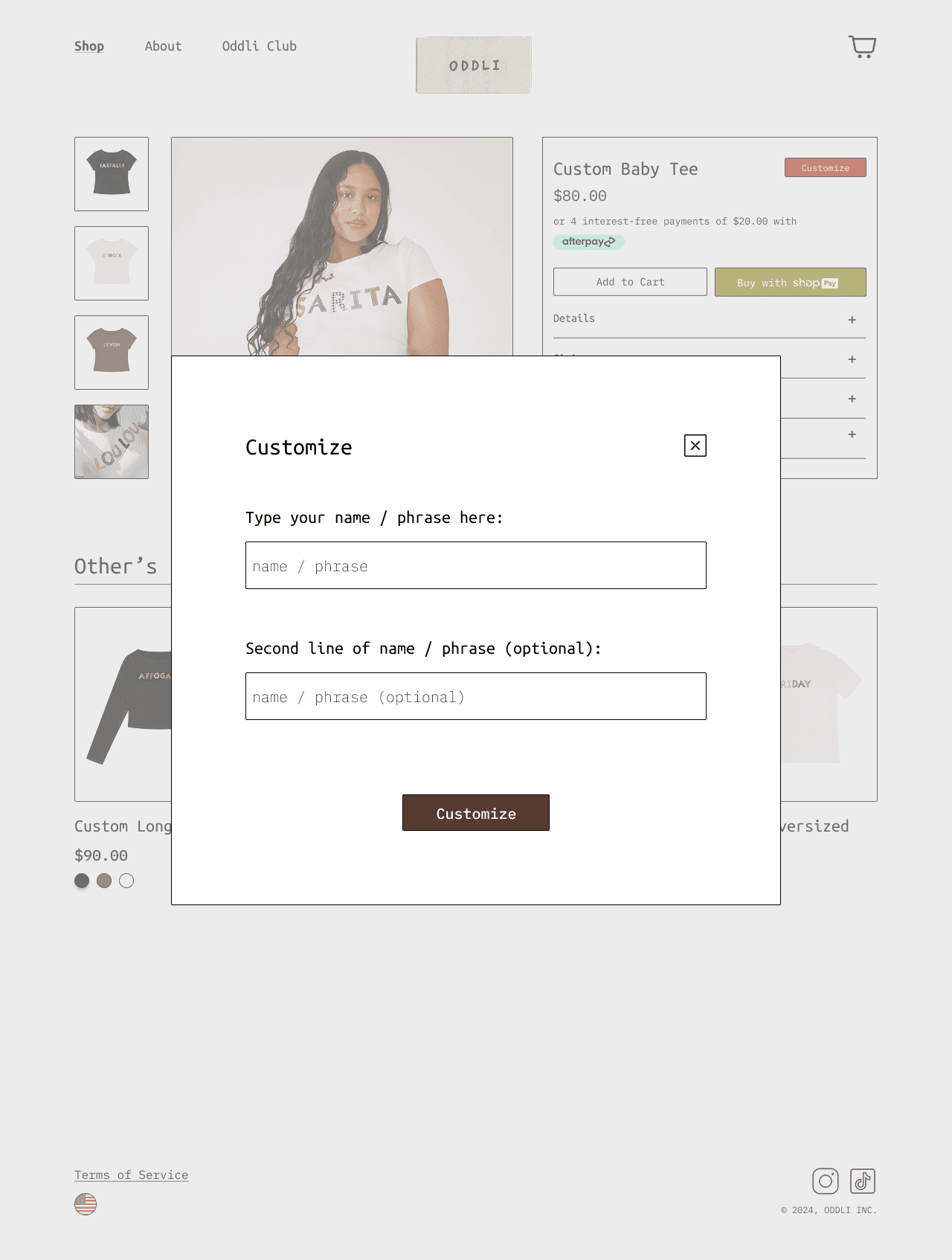 Customization modal overlay on redesigned product page with text input fields for personalized name/phrase on Custom Baby Tee