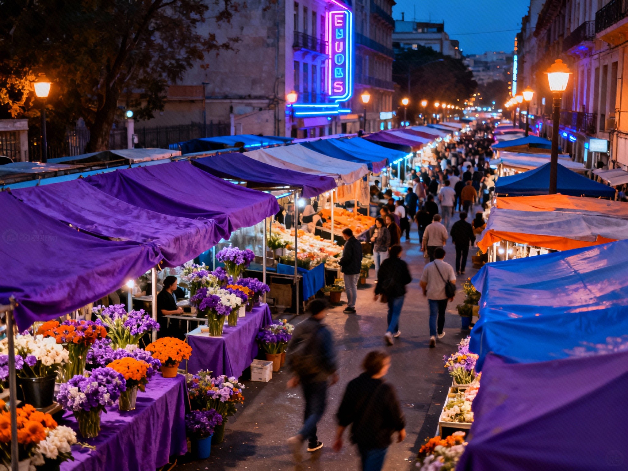 An editorial-style wide landscape photograph of a bustling urban street market at twilight