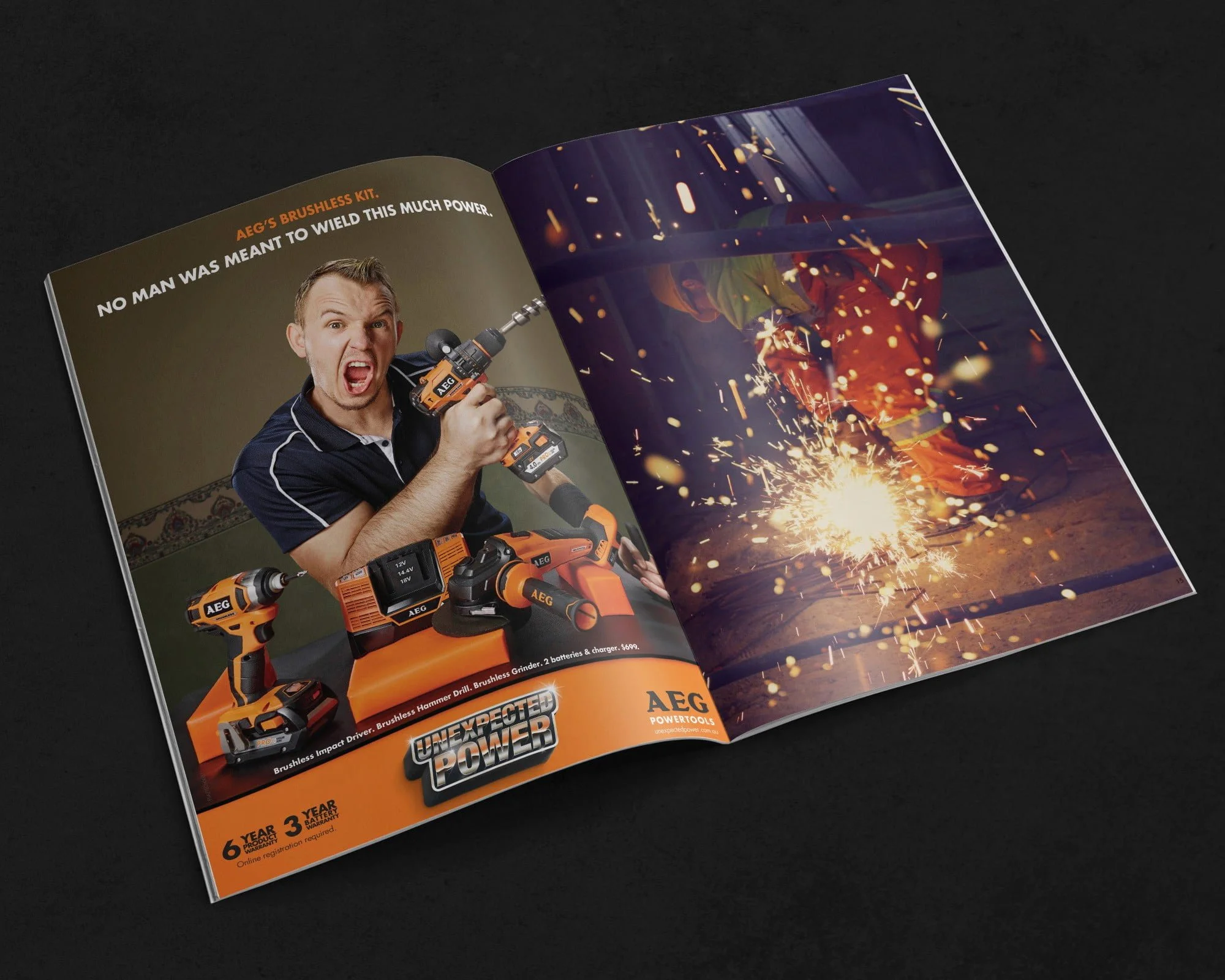 AEG magazine spread: 'No man was meant to wield this much power.' with a man holding a drill, plus a grinding sparks photo