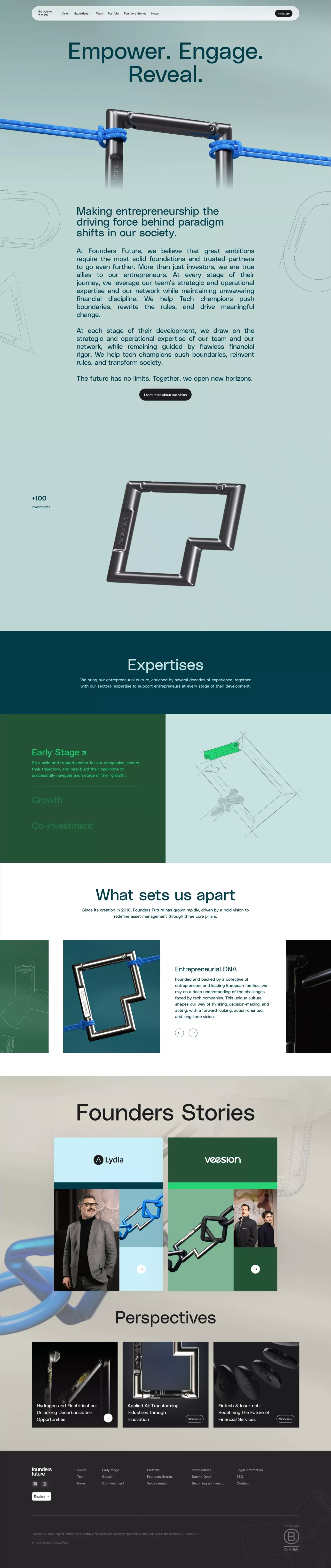 Founders Future landing page screenshot showcasing Finance and Tech design