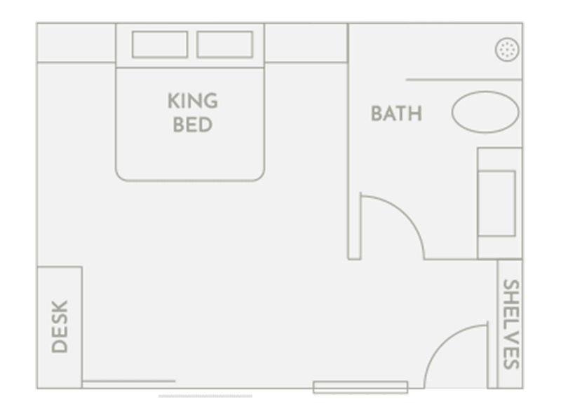 Floorplan of Room 3 at Club Vieques, featuring a king bed, desk, and bath area.