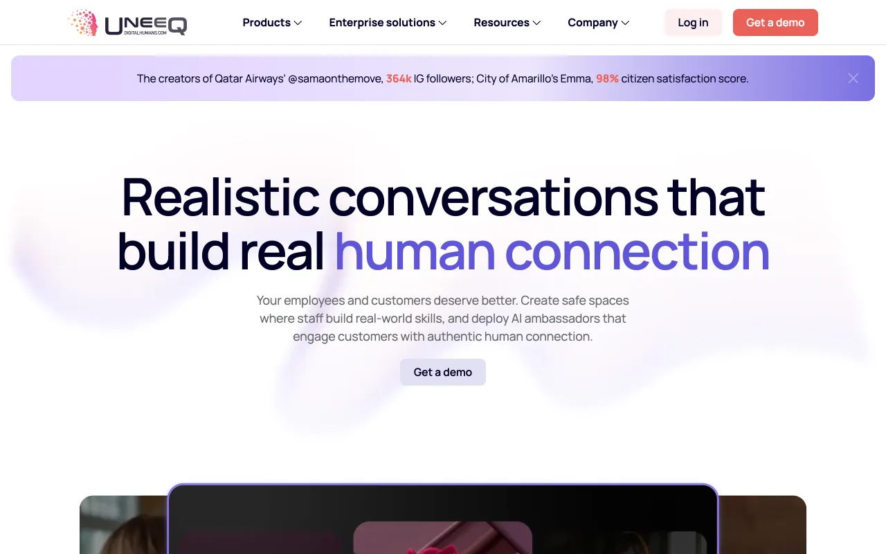 UneeQ homepage, face-to-face digital human sales roleplay