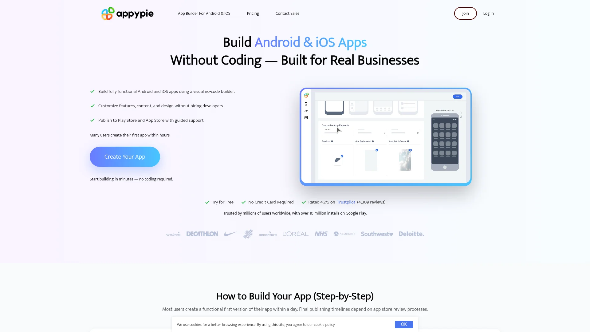 Appy Pie no-code app maker platform interface with drag-and-drop editor
