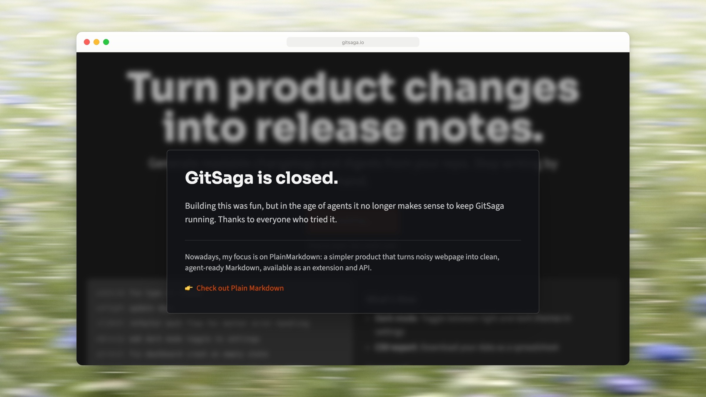 GitSaga homepage dimmed behind a dialog titled GitSaga is closed, which says its maker now works on a product called Plain Markdown
