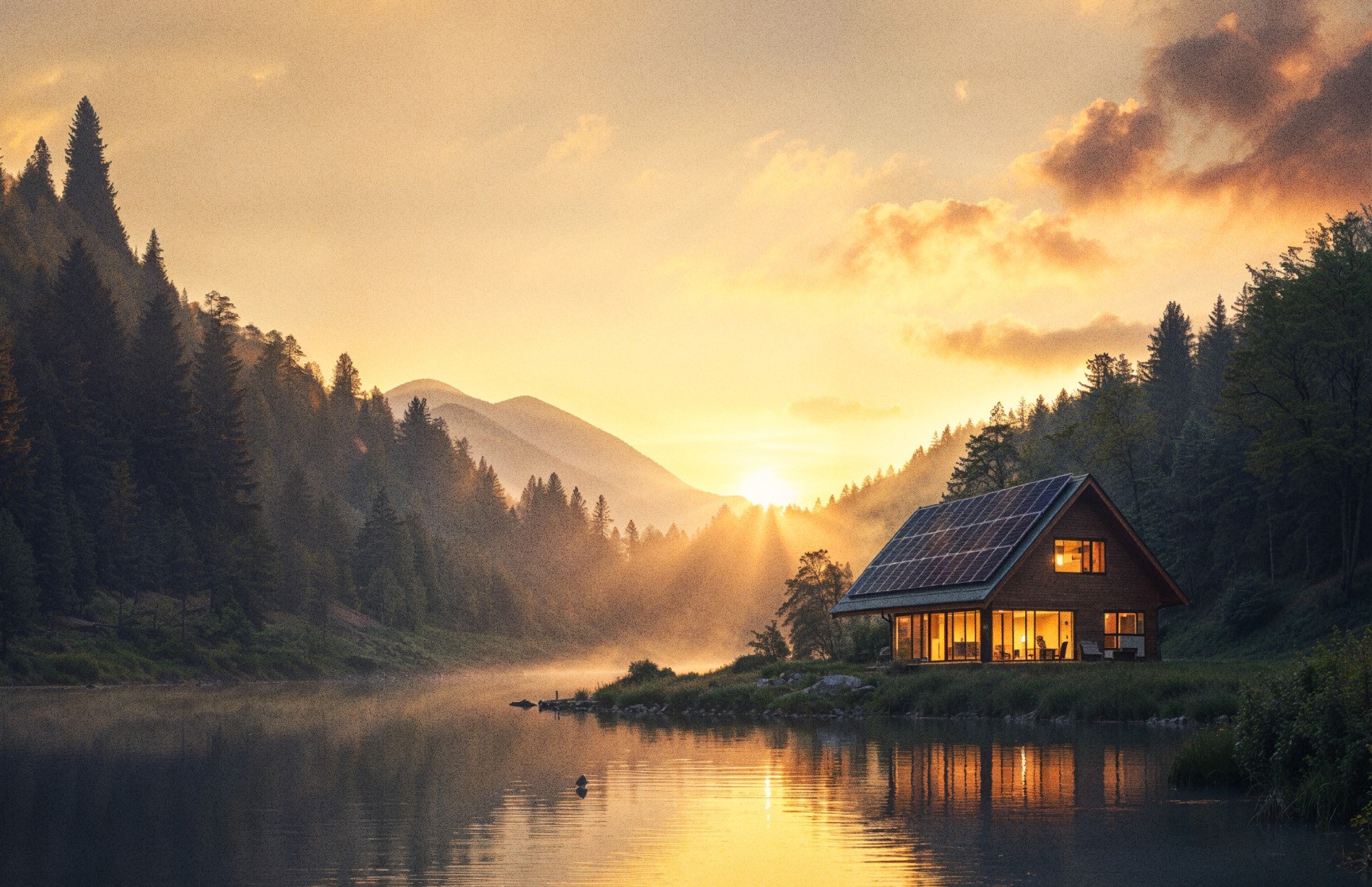 Sunrise over a beauiful solar powered home