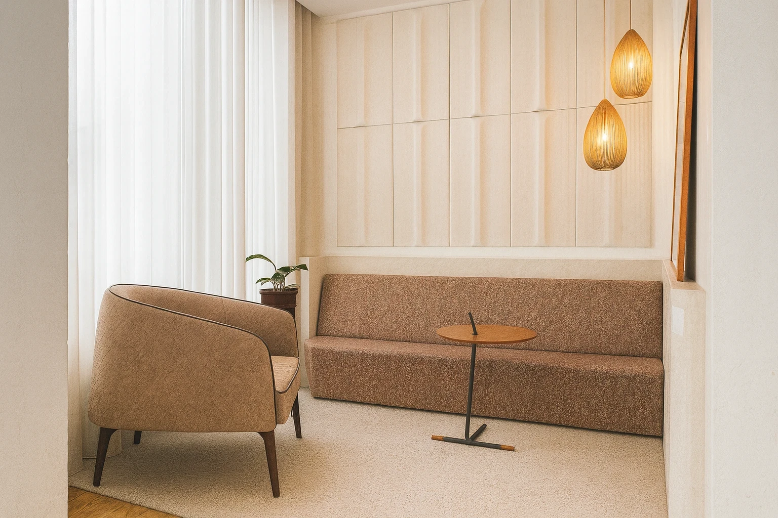 Salle d'attente chaleureuse, textures chaudes, lumière douce