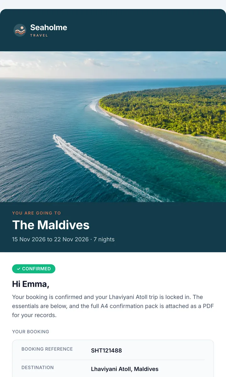 A booking confirmation email from Seaholme Travel for a holiday in the Maldives