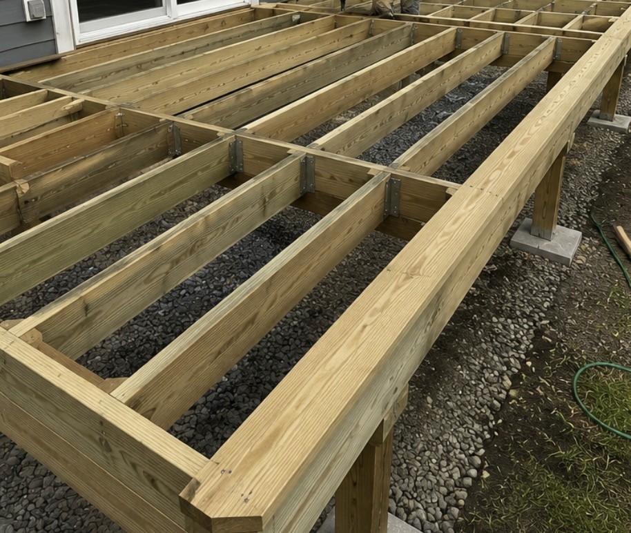 Finished backyard deck with seating and railing