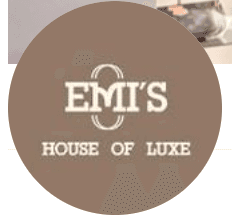 The logo reads "EMI'S HOUSE OF LUXE" on a brown background, with a stylish design around the "M."