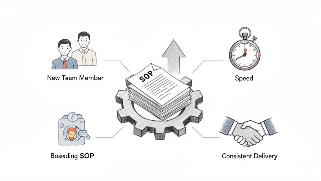 Diagram showing Standard Operating Procedures (SOPs) enhancing new team member onboarding, speed, and consistent delivery.