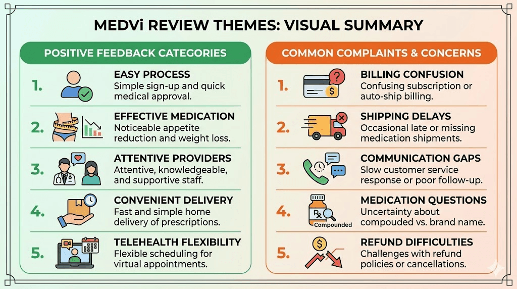 MEDVi GLP-1 customer review analysis showing positive and negative feedback patterns