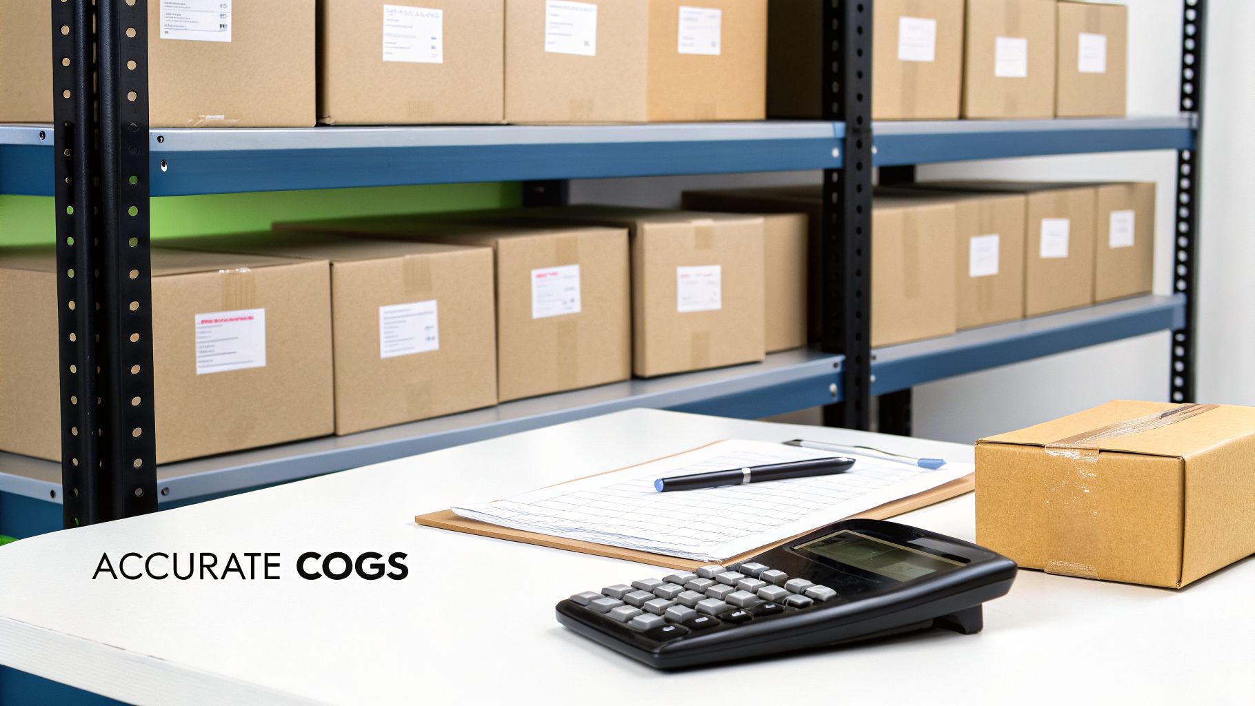 A calculator, clipboard, and box on a desk in front of shelves filled with inventory.