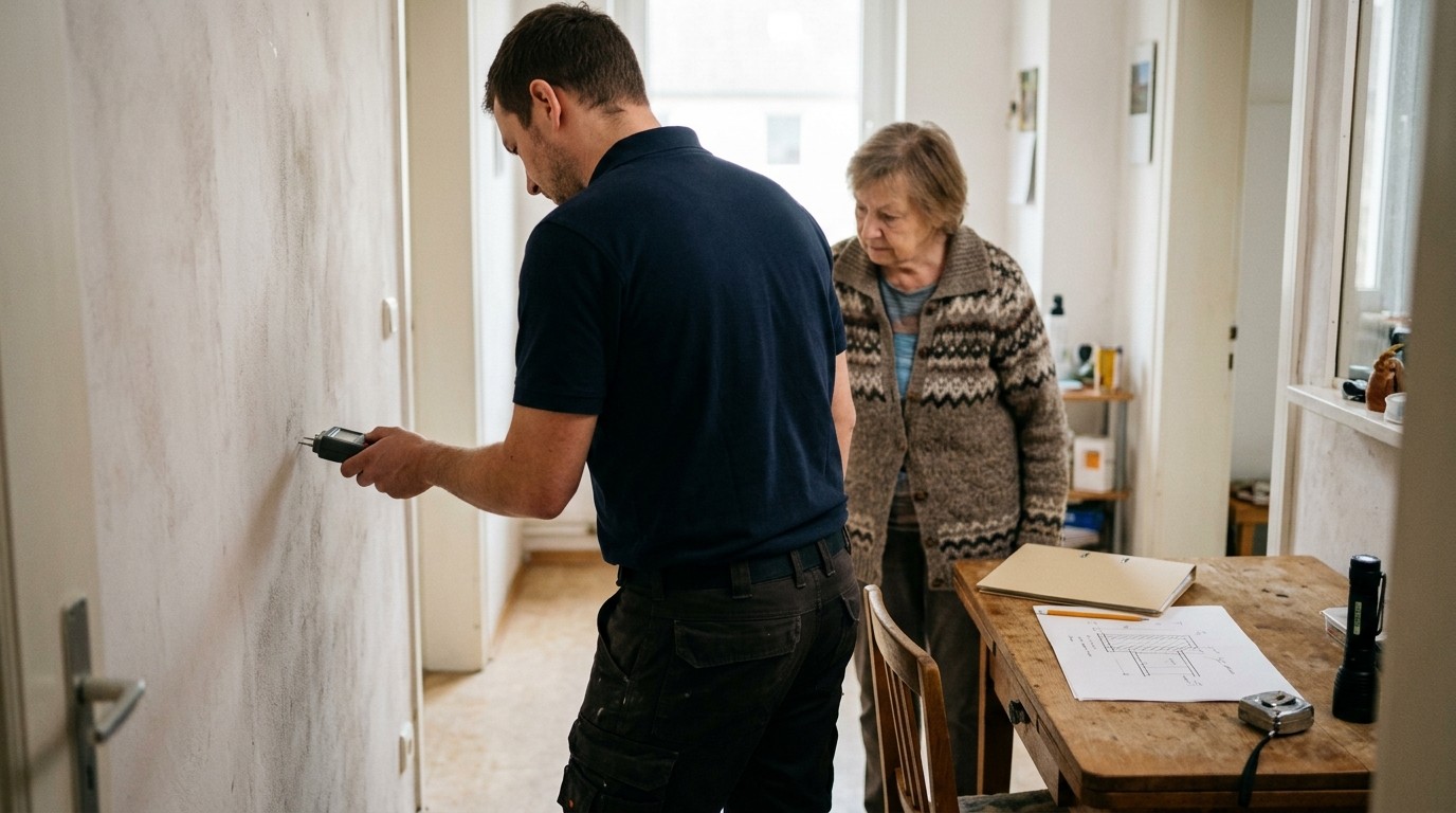 Handwerker misst mit einem Feuchtemessgerät die Wand, während eine Bewohnerin daneben steht und zuhört