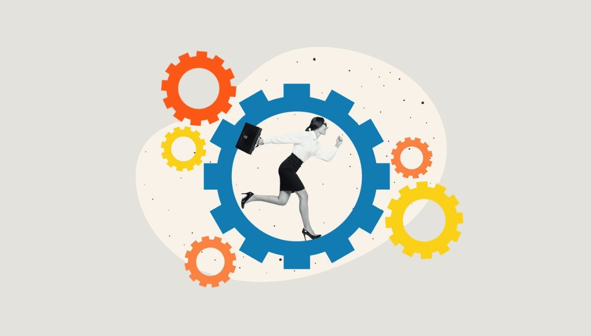 Stylized illustration of person in business attire inside a gear, symbolizing entering the tech job market from scratch.