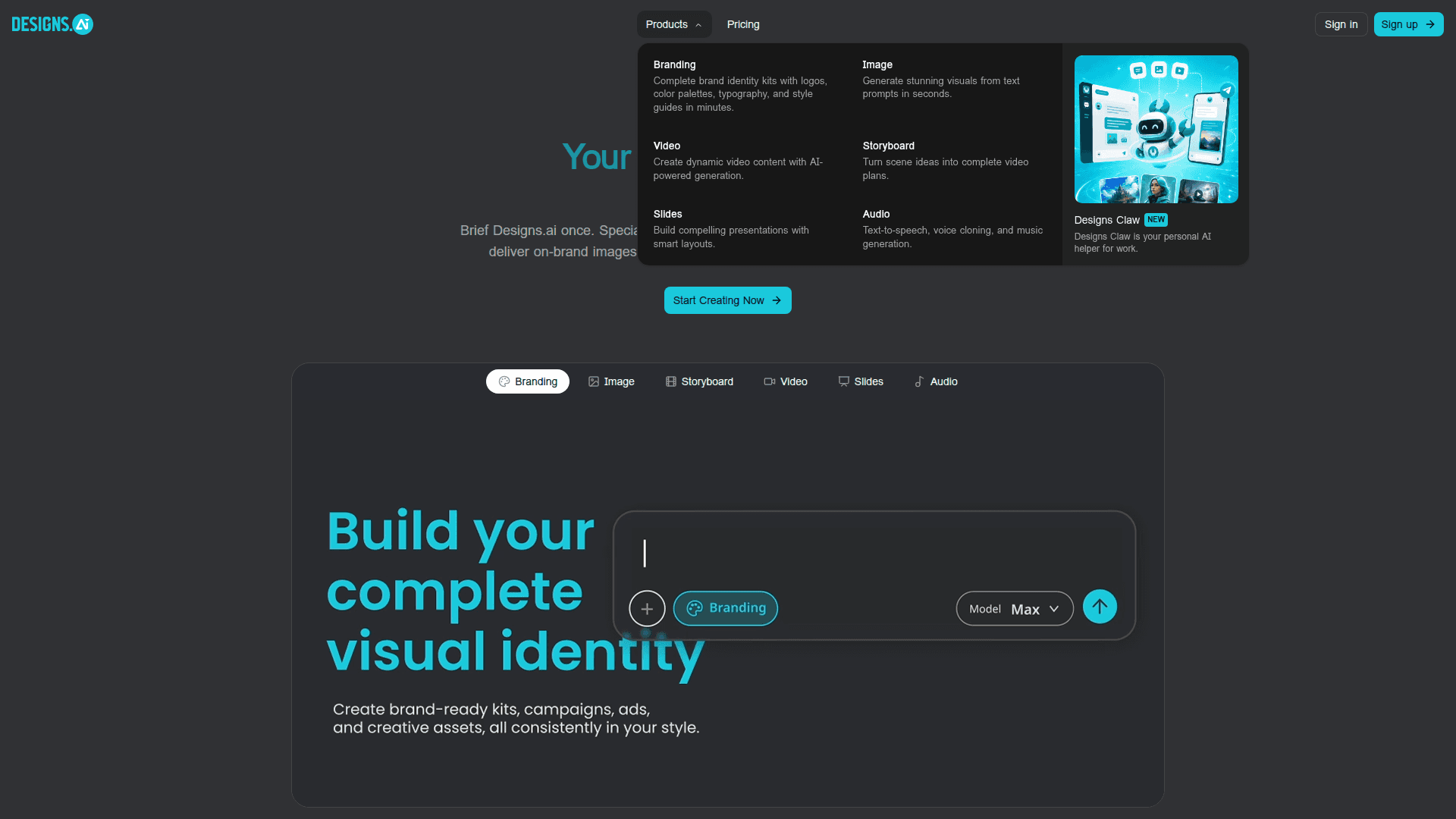 Designs.ai's Products navigation menu showing Branding, Image, Video, Storyboard, Slides, and Audio, plus Designs Claw marked as a new personal AI agent