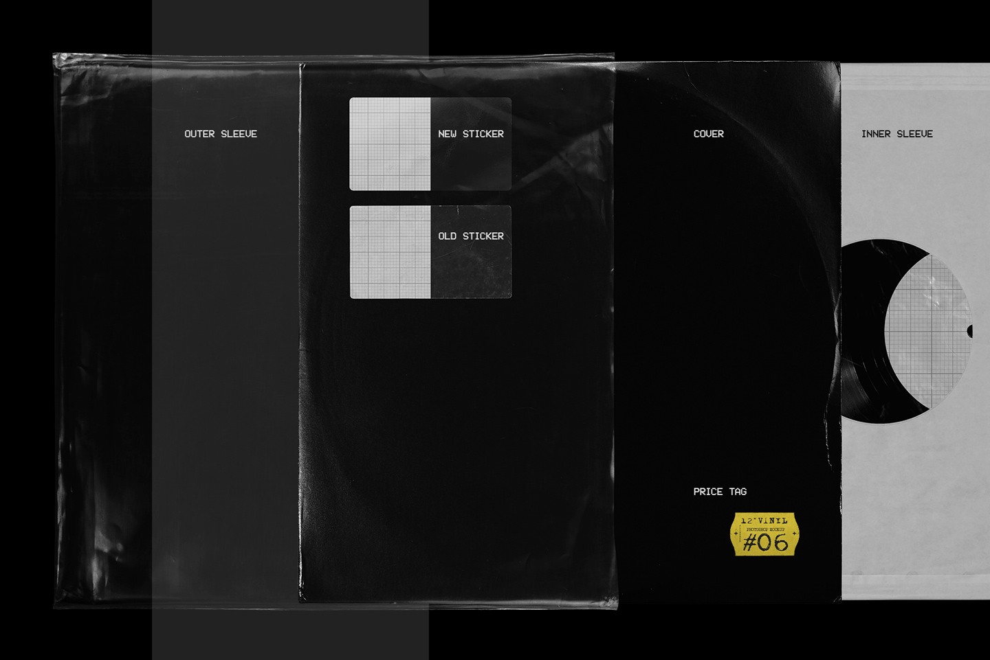 Vinyl record mockup with editable stickers including old label and price tag