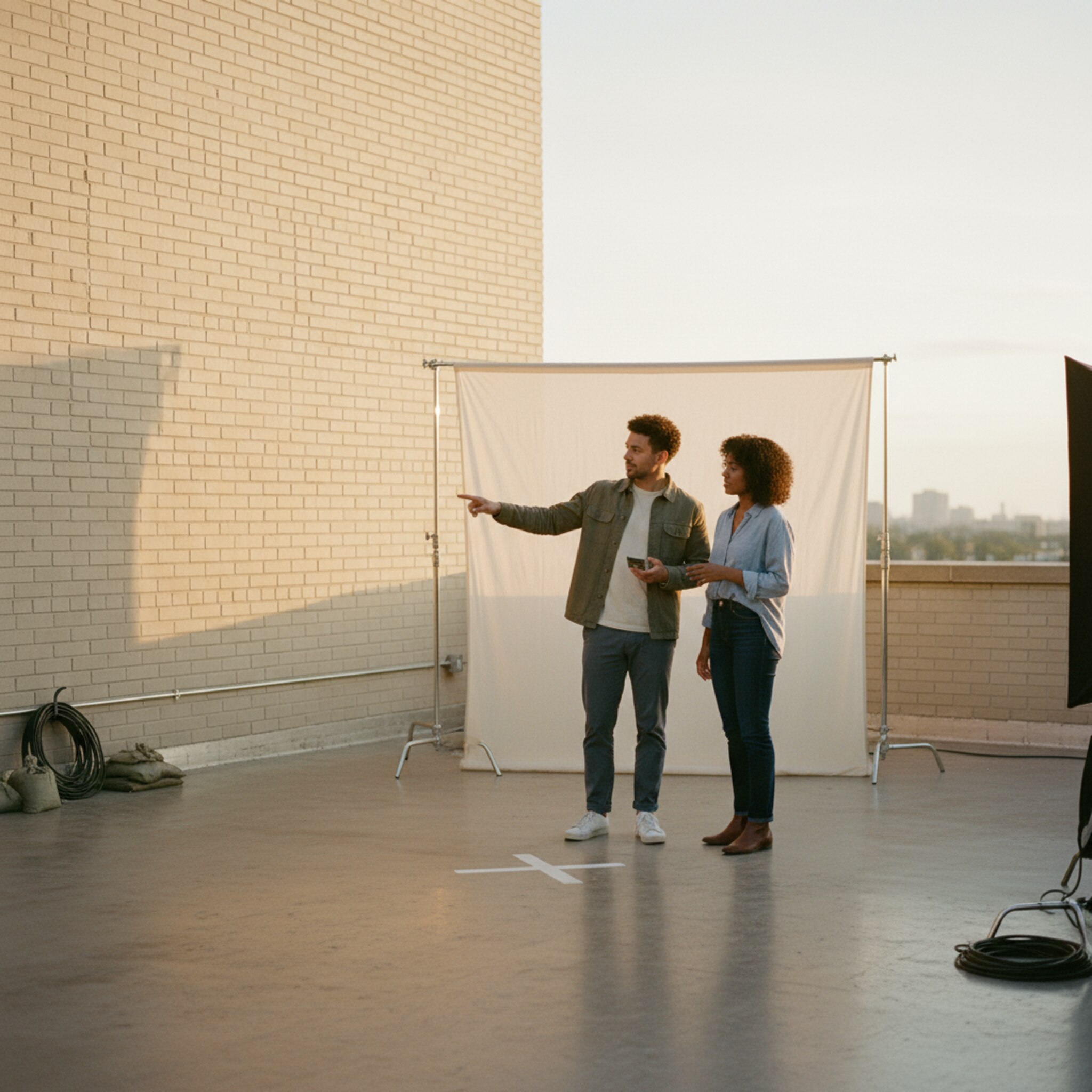 Auf einem großzügigen Loft-Dach reflektiert warmes Abendlicht eine helle Backsteinwand. Zwei Personen besprechen an einer Markierung die Perspektive und deuten auf eine freie Ecke. Ein leichter Wind bewegt einen langen Stoff, der als Hintergrund gespannt ist. Klare Linien, klare Fläche, klare Stimmung.
