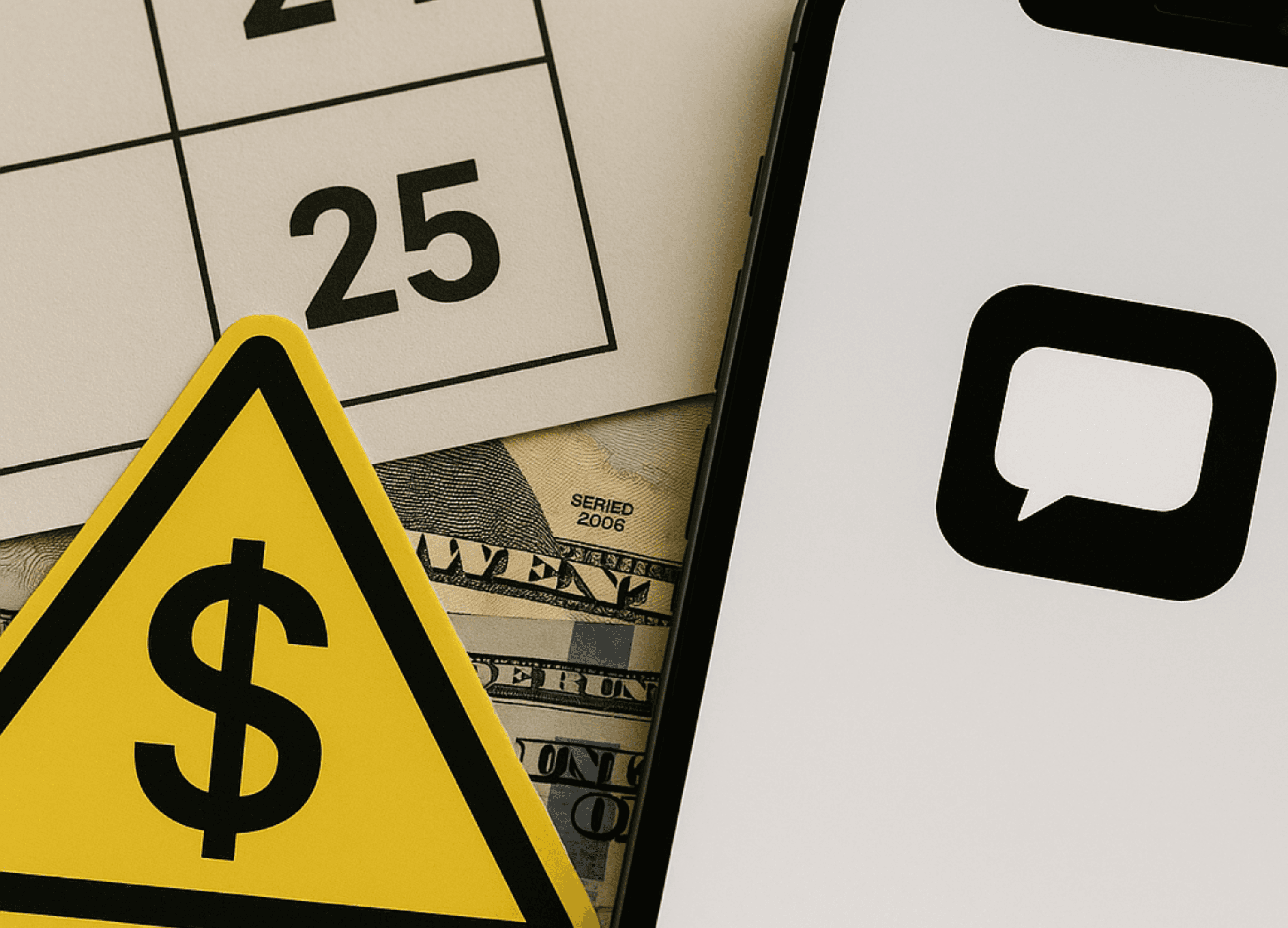 A smartphone, calendar, and dollar bills on a desk represent the rising cost of SMS marketing for cannabis retailers in 2025.