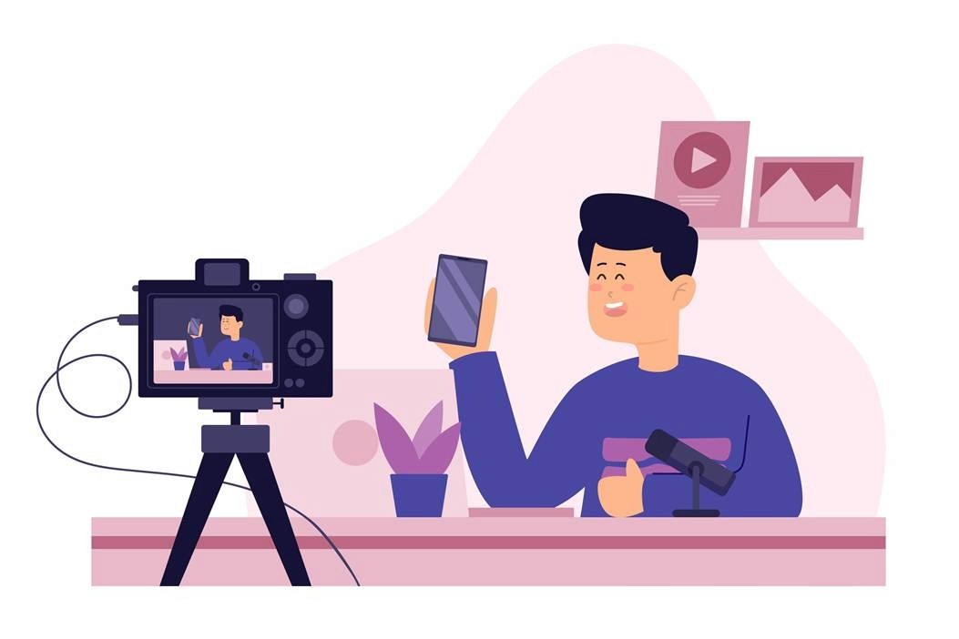 Flat illustration of a content creator filming a smartphone product review on camera