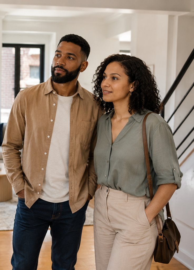 Two buyers looking around a bright apartment.