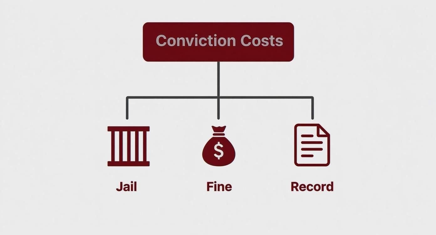 An infographic decision tree showing that a conviction can lead to jail time, fines, and a permanent criminal record.