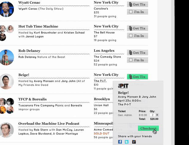 A screenshot of a TikTok feed shows various videos and users, including "Wyatt Cenac (The Daily Show)," "Hot Tub Time Machine," and "Rob Delaney Nature of the Beast." A pop-up box displays the price of $10.00 for a ticket, generated by Beige, hosted by Avery Monsen and Jory John. The pop-up box includes options to "Get Tix," "Share with your friends," and "Checkout."