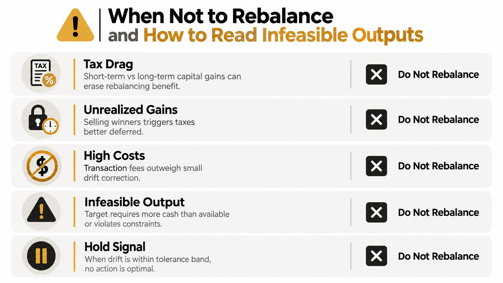 A chart illustrating five reasons when not to rebalance an investment portfolio to avoid unnecessary costs.