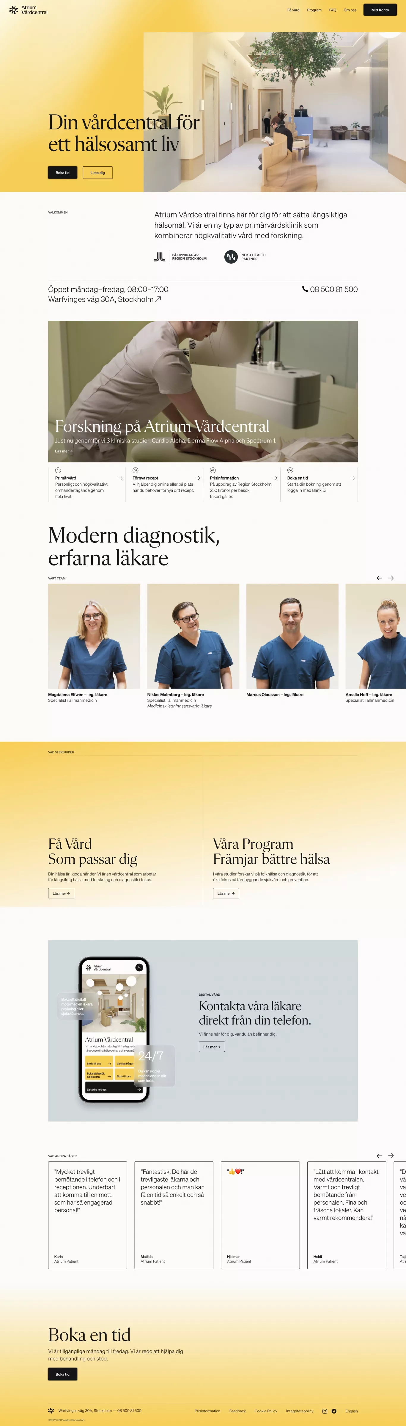 Atrium Vårdcentral landing page screenshot showcasing Medical and Tech design