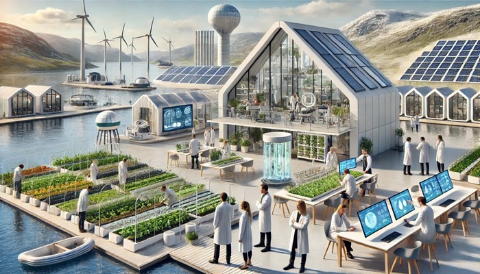 An illustrated waterfront scene featuring modern buildings, gardens, and people enjoying outdoor spaces near the water.