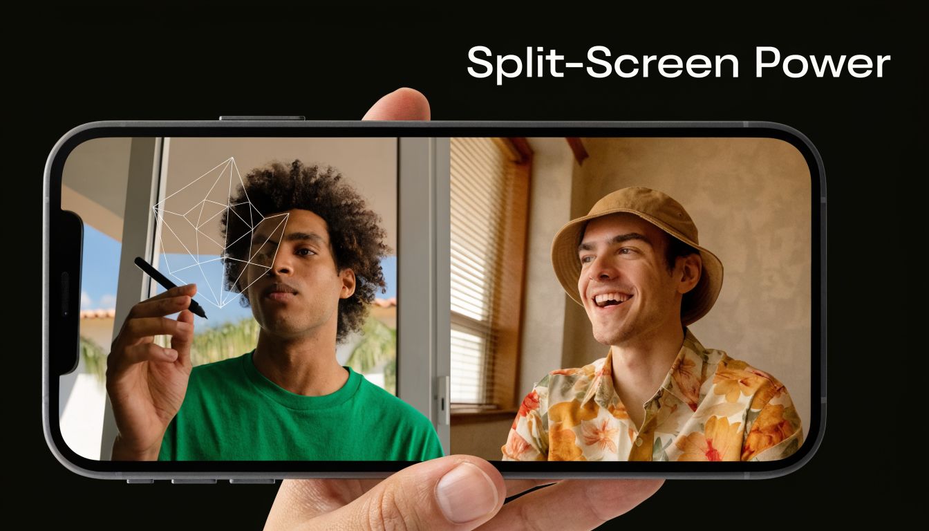 A smartphone held by a hand showing two people on a split-screen video call interface.