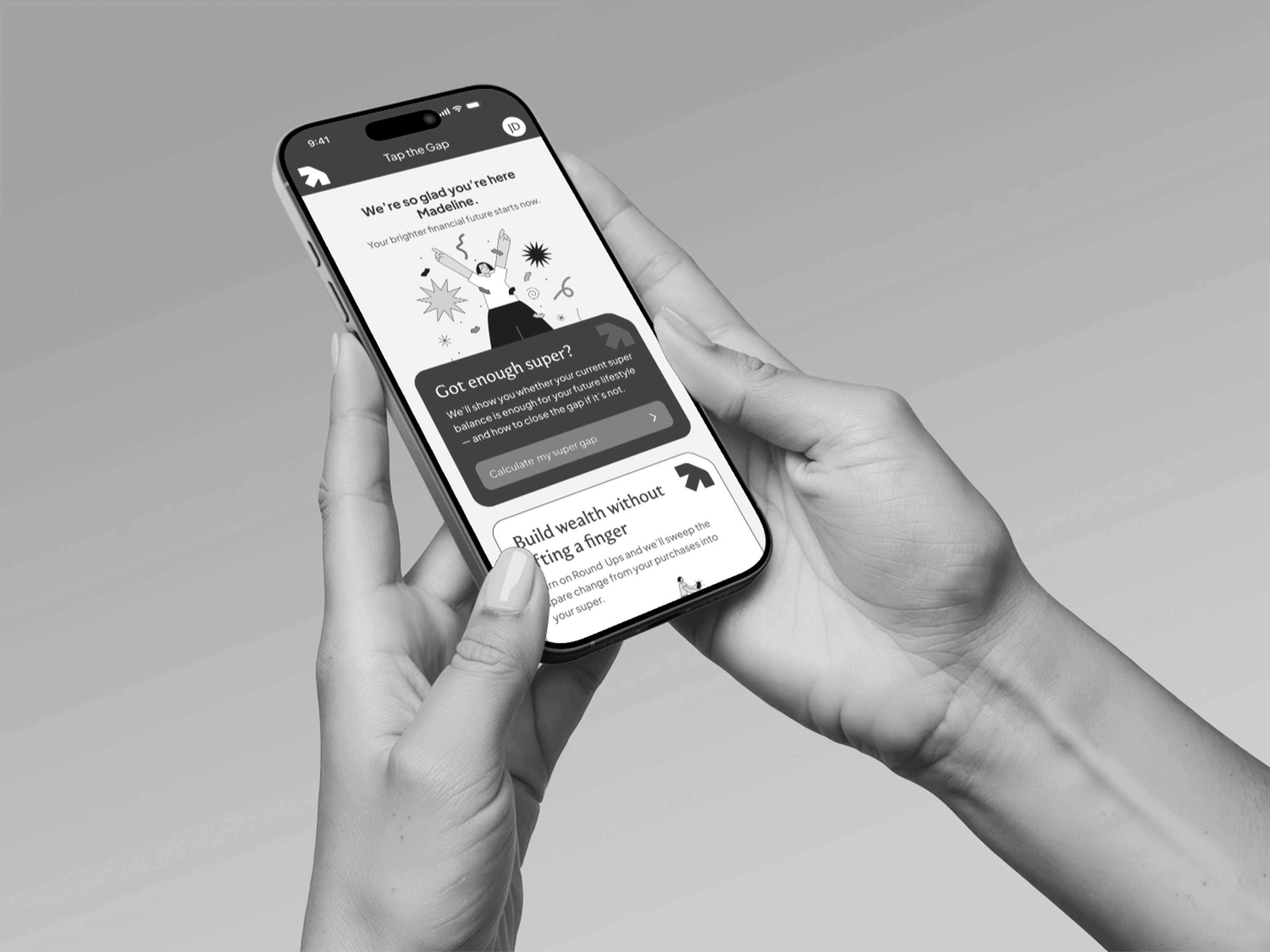 Hands holding an iPhone with the app Tap the Gap displayed on the screen
