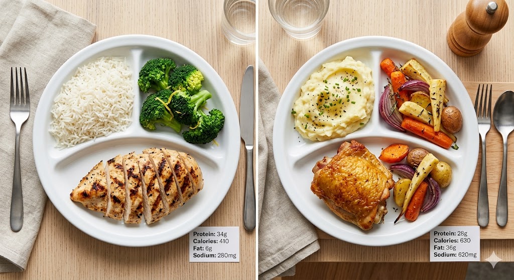 A directly overhead food photography comparison of two dinner plates on a modern kitchen table, showcasing contrasting meal prep styles. The left plate features a fitness-focused clean meal with sliced grilled skinless chicken breast, white rice, and steamed broccoli florets. The right plate presents a comfort food meal of a juicy rotisserie chicken thigh with crispy skin, creamy mashed potatoes, and roasted vegetables (carrots, red onion, parsnips). Both plates are positioned next to detailed, printed nutrition labels showing values for Protein, Calories, Fat, and Sodium, comparing the nutritional profiles of the two meals.