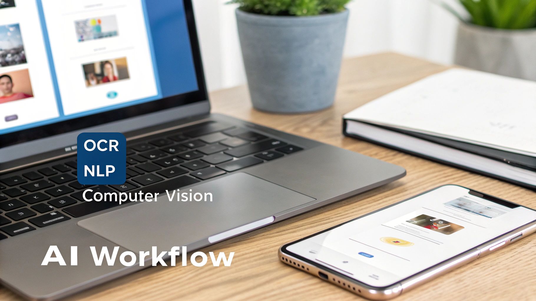 AI workflow with OCR, NLP, and Computer Vision displayed on laptop and smartphone.
