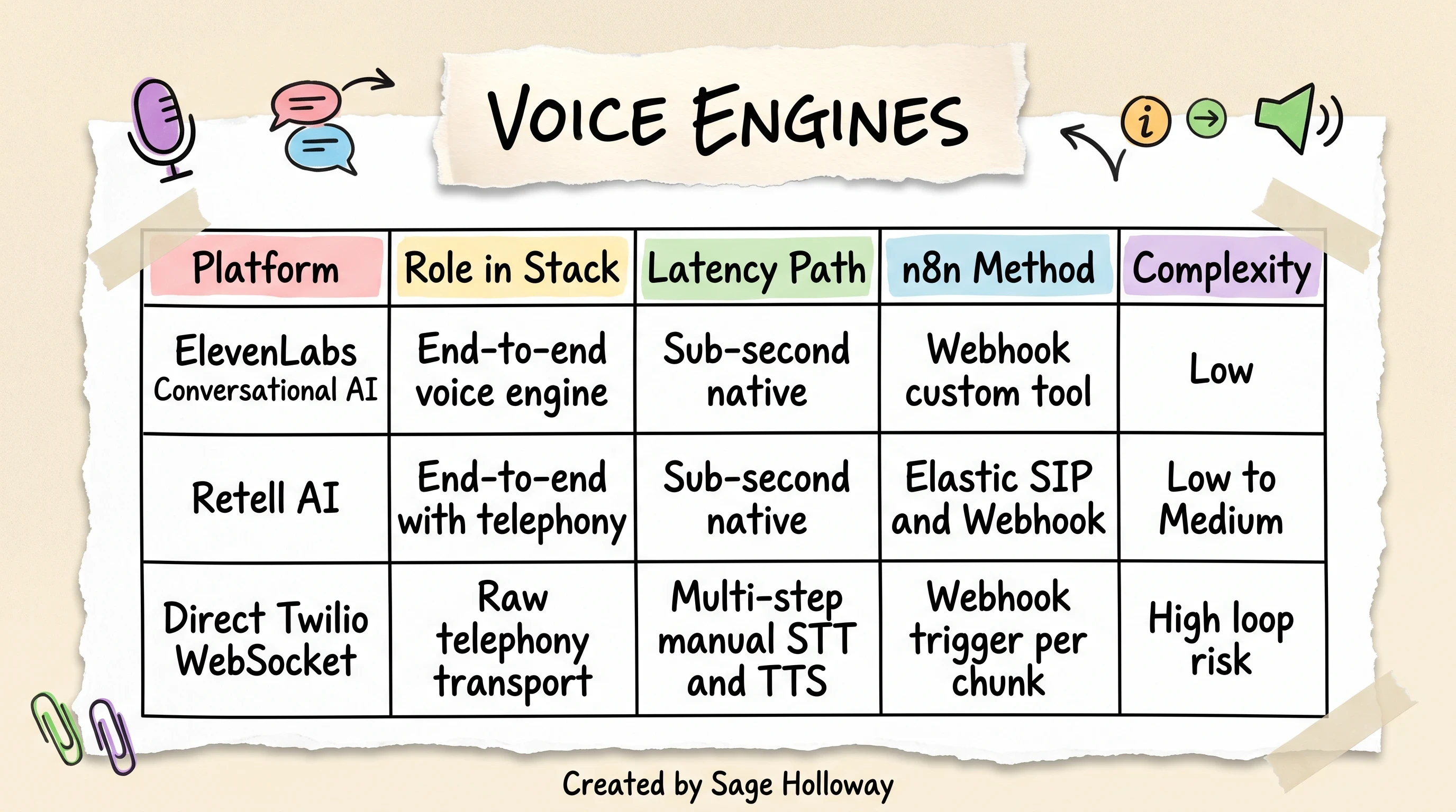 Table comparing ElevenLabs, Retell AI, and direct Twilio WebSocket for n8n voice agent architecture